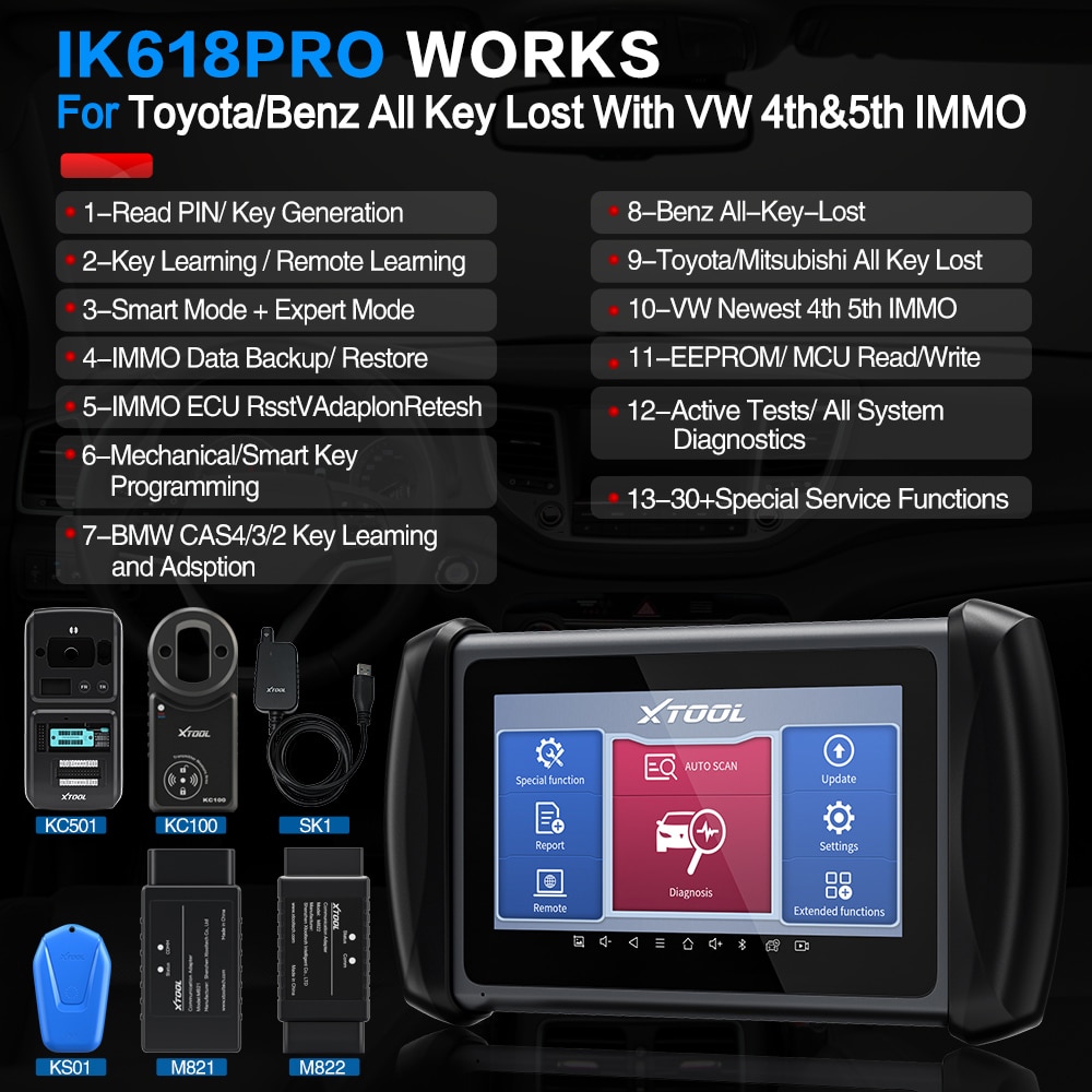 XTOOL InPlus IK618 Auto Key Programmer X100PAD3 For Toyota/Benz All Key lost with Kc100 For VW 4th&5th IMMO Diagnostic Tool