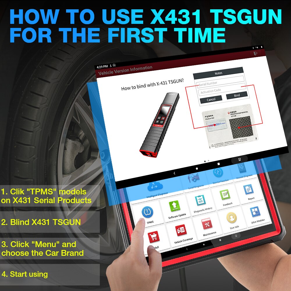 Activar el detector de presión de neumáticos de automóviles x431 tsgun tpms 