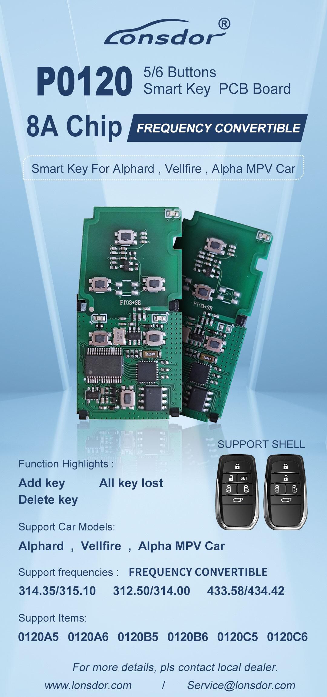 Chip lonsdor p0120 8a para automóviles alphard / villfire / Alpha MPV conversión de frecuencia 5 / 6 botón llave inteligente placa PCB 