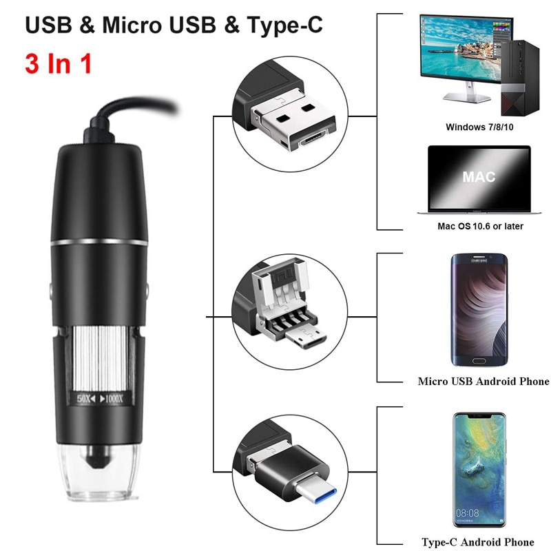Microscopio digital USB profesional 1000x 1600x 8 LED 2
