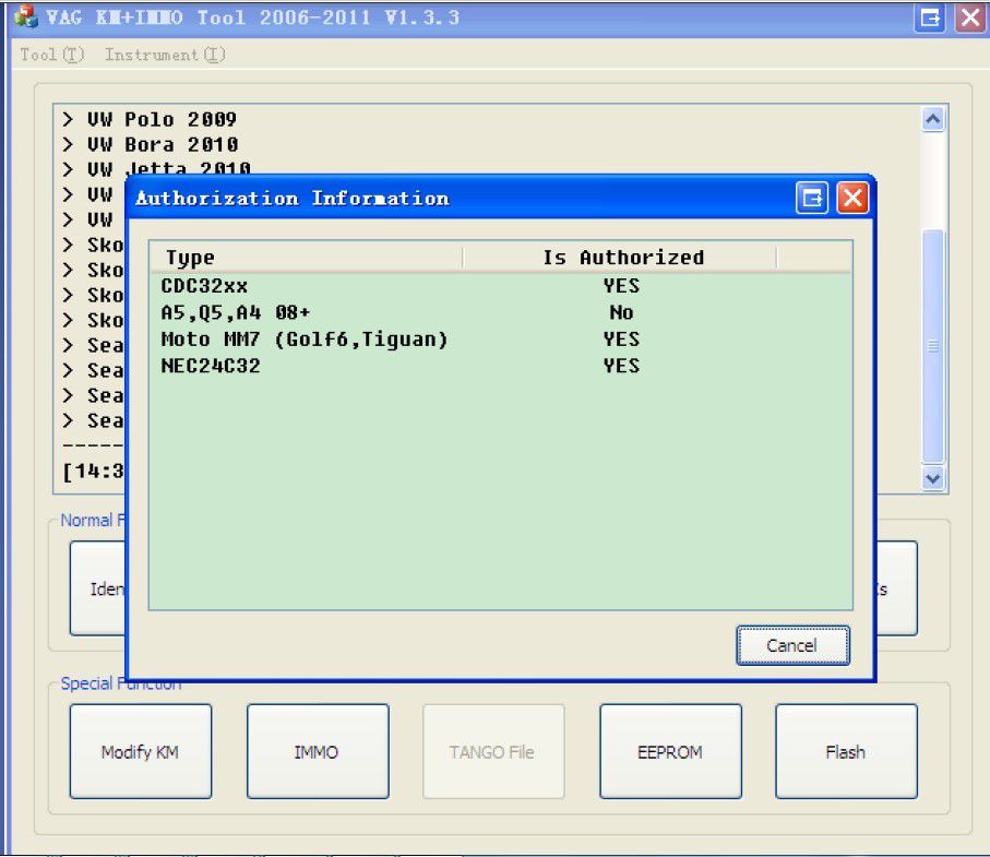 El software de la herramienta VAG km + immo muestra 8