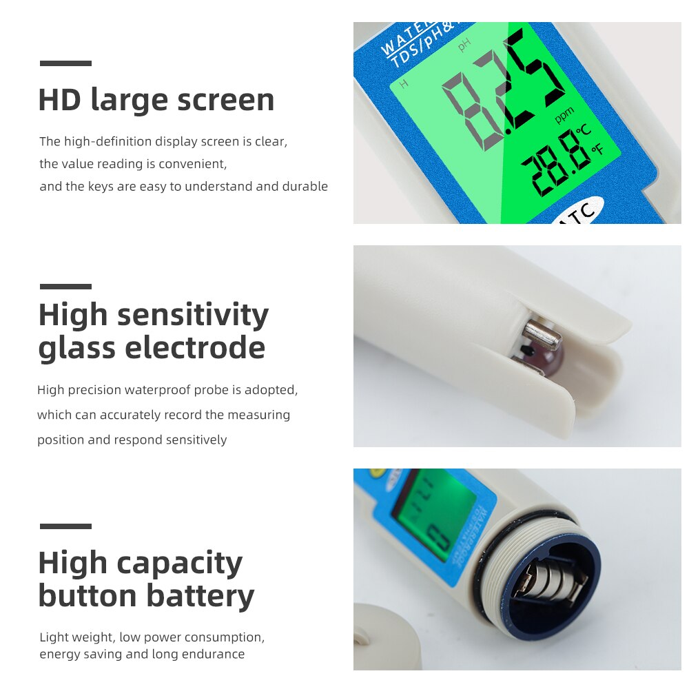 3 en 1 ph / TDS / termómetro pantalla LCD 0.01 ATC medidor de pH de botella de agua potable