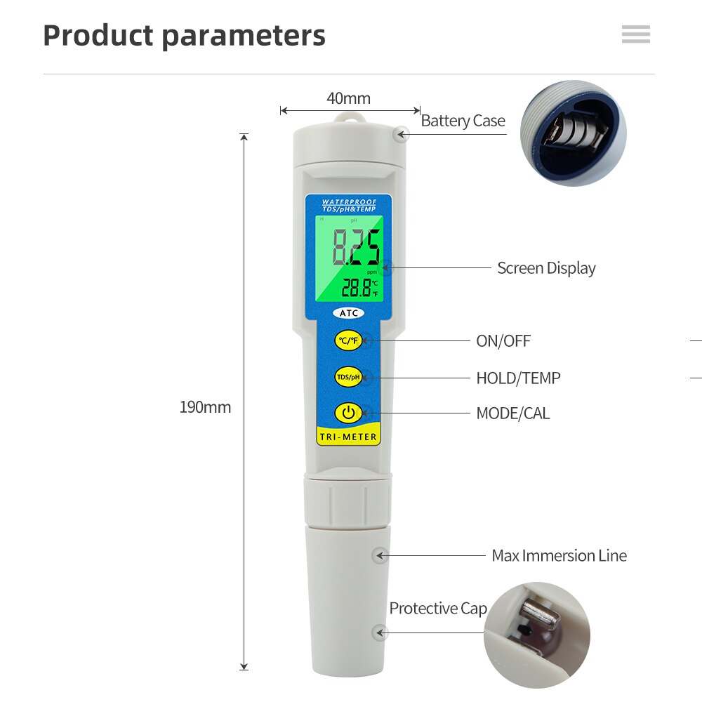 3 in 1  PH/TDS/Temperature Meter LCD Display 0.01 ATC Water Quality Acidometer for Drinking Water Aquariums PH Tester