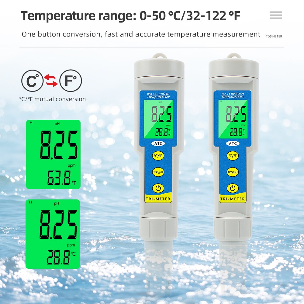 3 en 1 ph / TDS / termómetro pantalla LCD 0.01 ATC medidor de pH de botella de agua potable