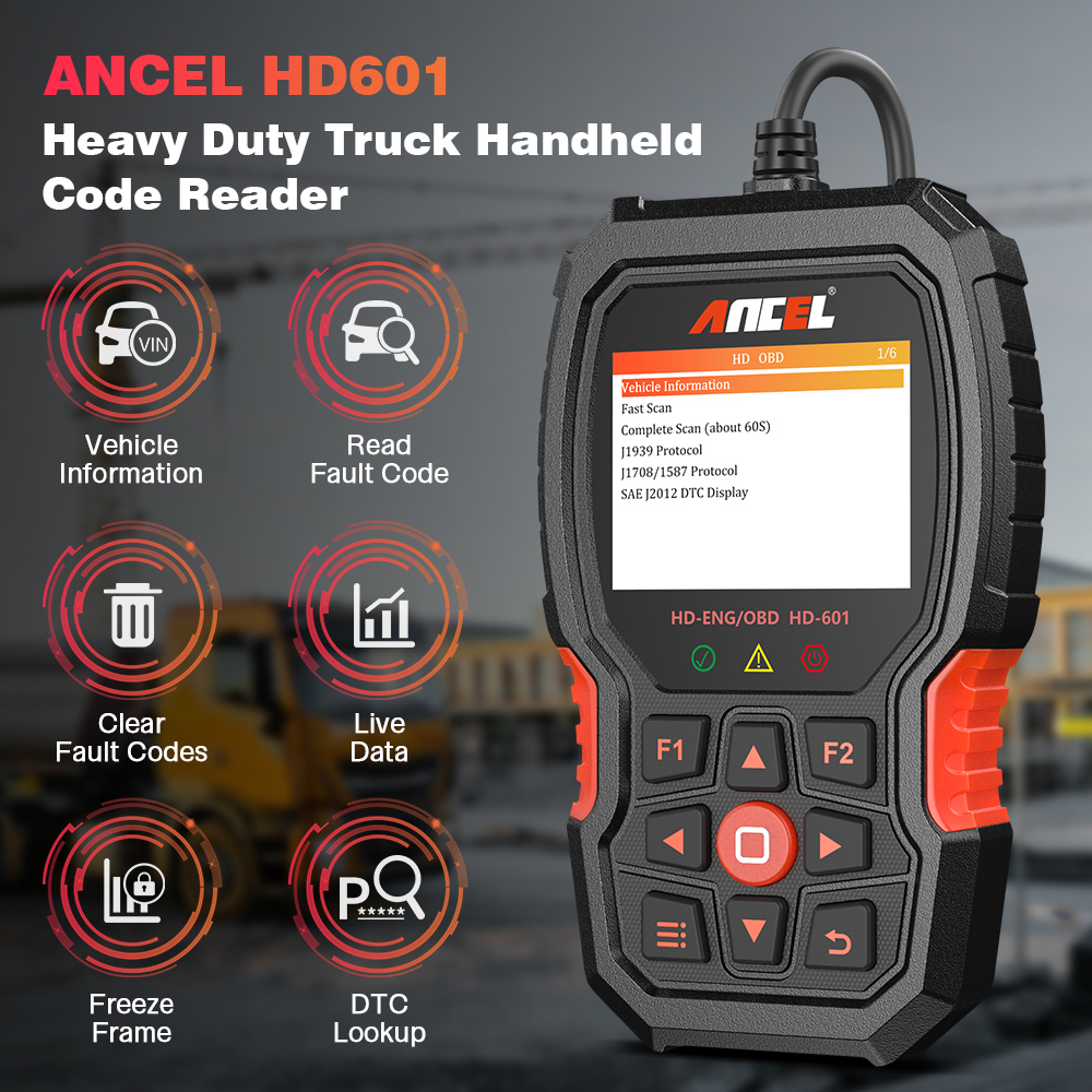 ANCEL HD601 OBD2 중형 트럭 스캐너 모든 시스템 코드 판독기 6/9/16 PINS OBD 2 디젤 스캐너 진단 도구 무료 업데이트