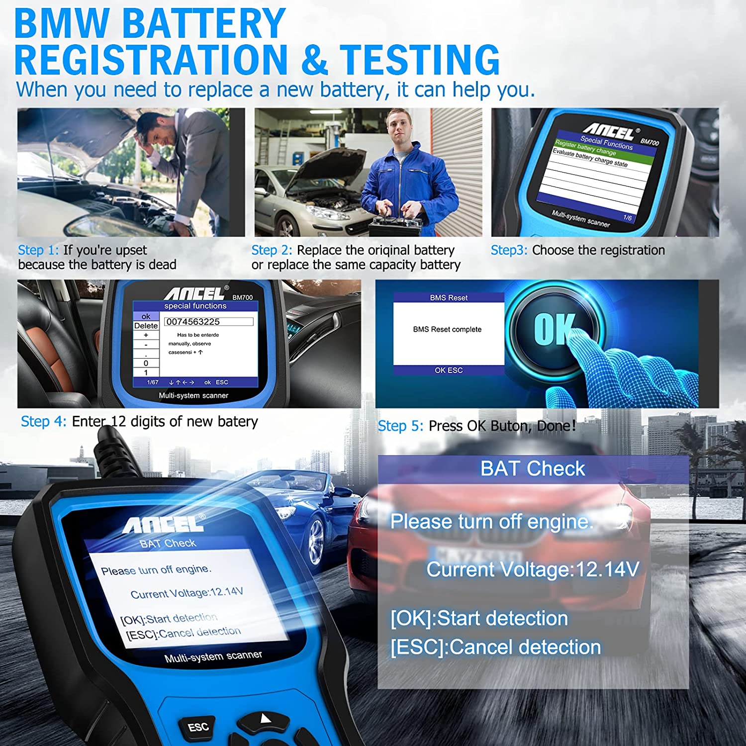 Herramienta de diagnóstico para todo el sistema Ancel bm700 escaneo obd2 Código del inyector EPB SAS airbag aceite ABS restablece el Lector de Código del automóvil BMW