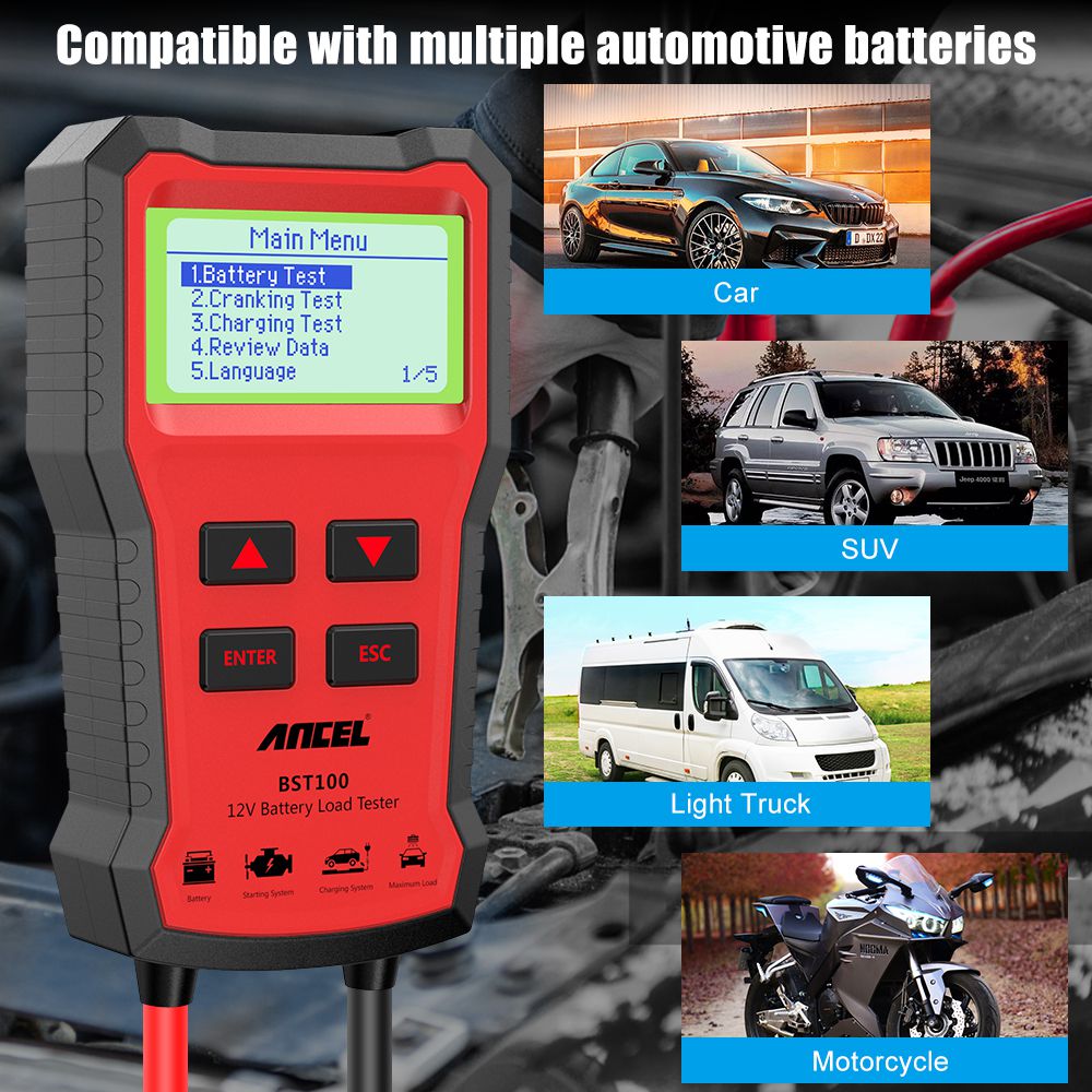ANCEL BST100 Car Battery Charger Tester Analyzer 12V 2000CCA Voltage Battery Test Car Charging Circut load Tester Tools PK KW600