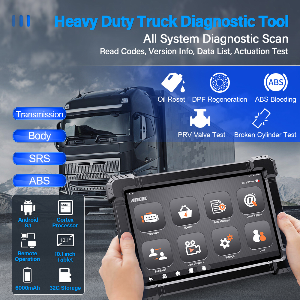 ANCEL X7 HD Heavy Duty Truck Diagnostic Tool Professional Full System 12V 24V Oil DPF Regen ECU Reset OBD2 Truck Scanner