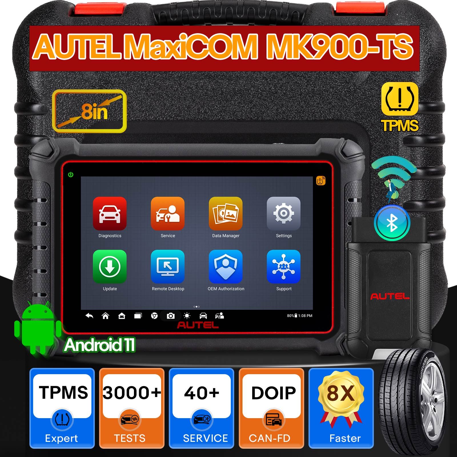 Autel MaxiCOM MK900TS MK900-TS Wireless TPMS Diagnostic Scanner with Android 11 Support DoIP/CAN FD Protocols and 40+ Services Upgraded of MK808TS