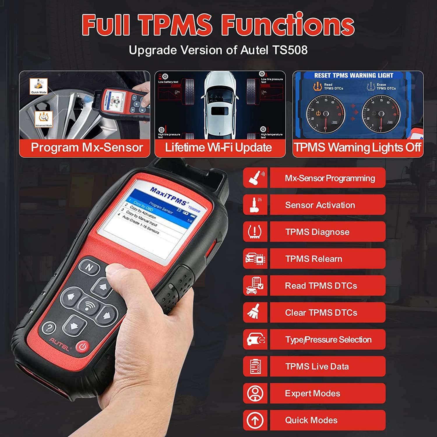 2023 Autel MaxiTPMS TS508WF TPMS 프로그래밍 도구 MX-Sersors 315/433MHz, 모든 센서 재학습/활성화, DTC 읽기/지우기, TPMS 재설정, 평생 지원
