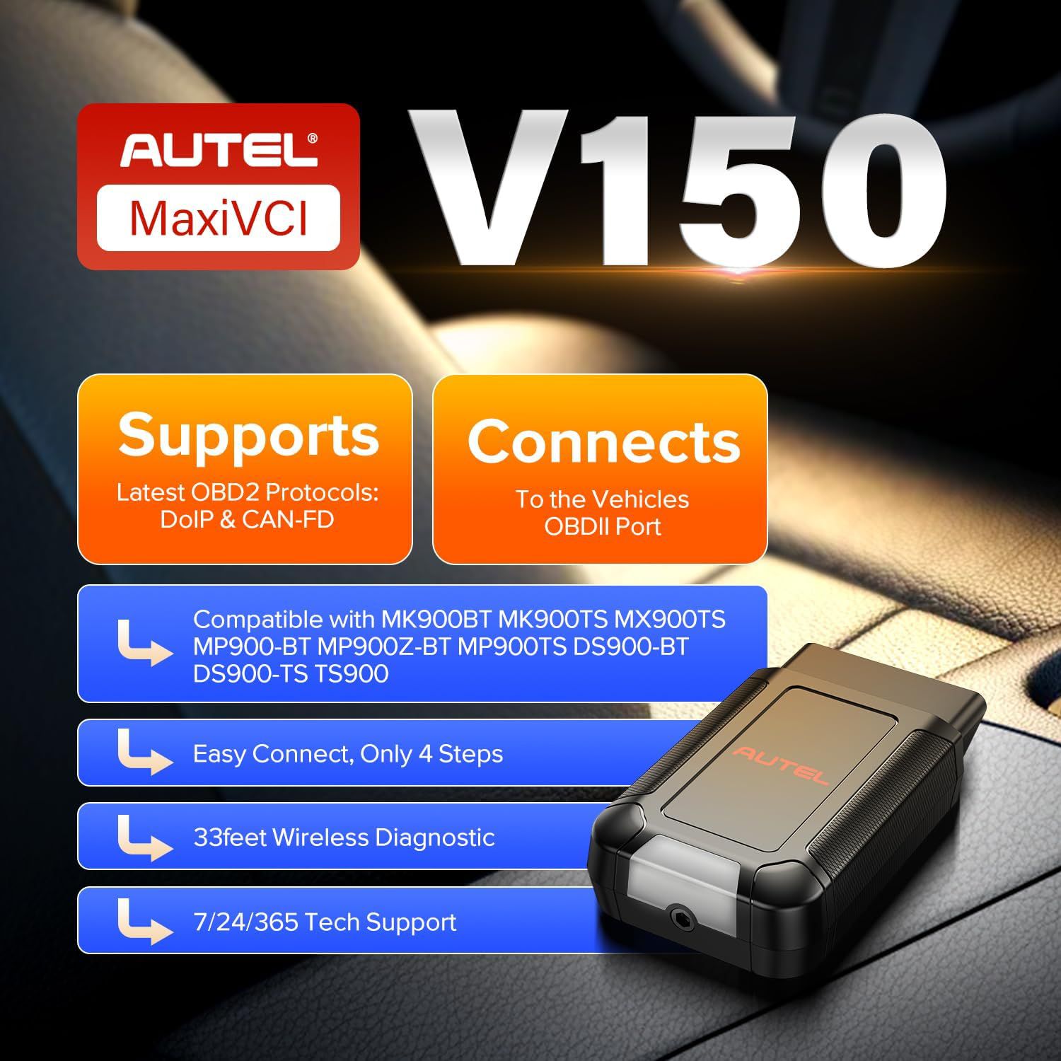 2025 Autel MaxiVCI V150 VCI150 Wireless Dongle,Support CAN FD / DOIP Protocol work for Autel 900 Series Scanners MK900BT MP900BT MP900Z-BT MP900TS