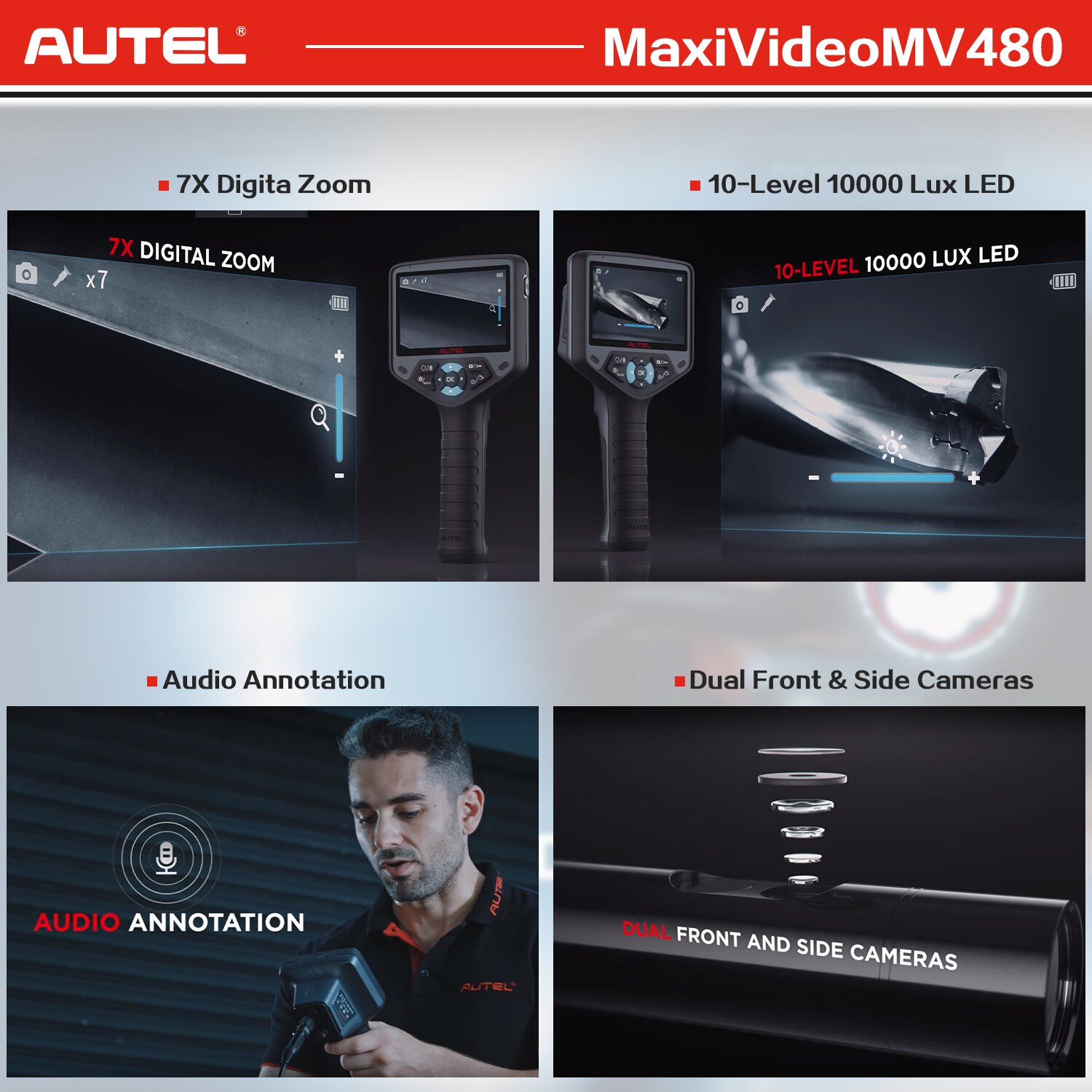 Autel MV480 Industrial Endoscope/Borescope,Dual Lens 8.5mm Inspection Camera with 7X Zoom,2MP,a Waterproof Cable,for Car/Wall