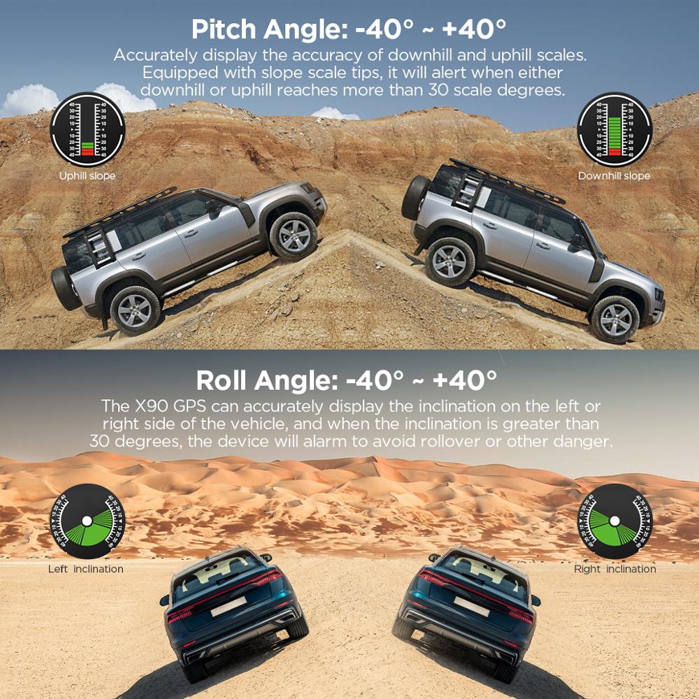 AUTOOL X90 GPS/OBD2 Speed PMH KMH 기울기 측정기 자동차 나침반 HUD 기울기 프로젝터 시계 위도 경도