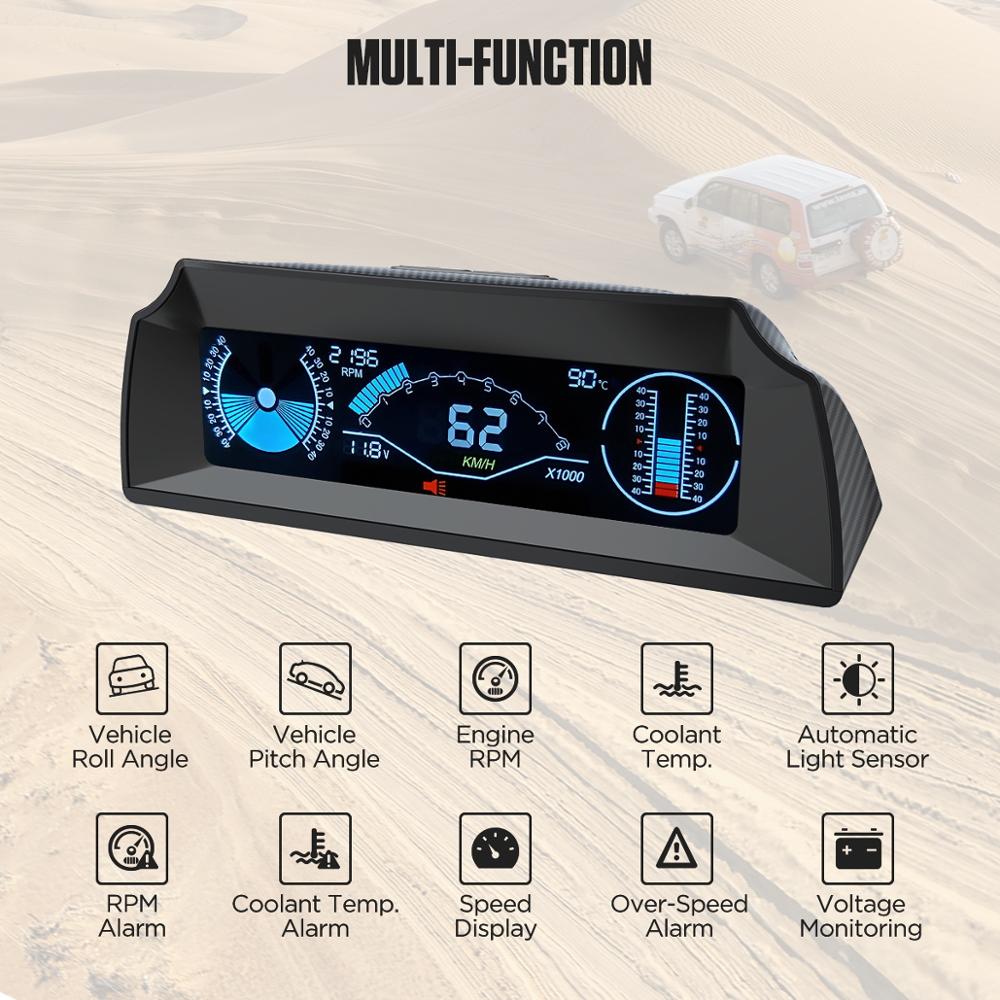 AUTOOL X90 GPS/OBD2 Speed PMH KMH Slope Meter Inclinometer Car Compass HUD Pitch Tilt Angle Protractor Clock Latitude Longitude