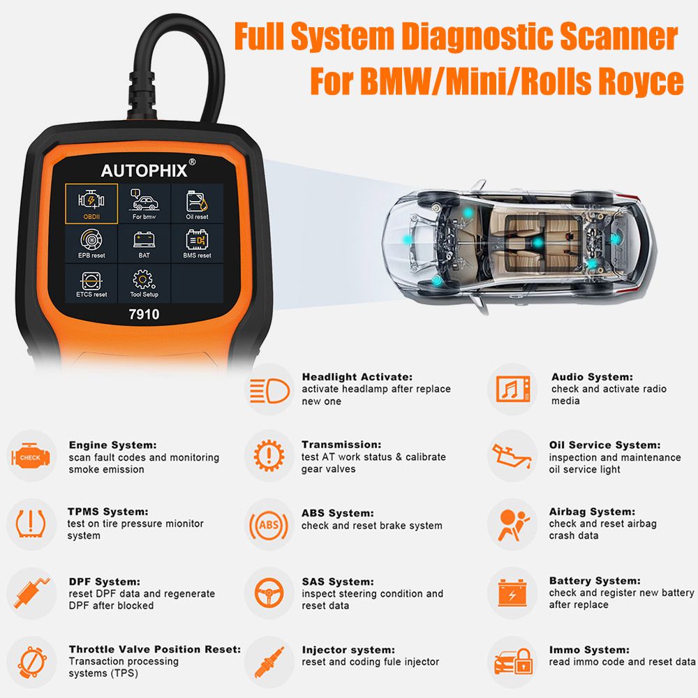 Servicio de aceite autophix 7910 EPB SAS airbag tpms para escáneres obd2 de BMW restablece la herramienta de diagnóstico obd2 para escáneres automotrices BMW OBDII