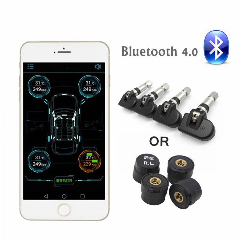 External Energy Class A+ Car Smart Tire Pressure Monitoring TPMS Alarm Warning System with APP Bluetooth 4.0 Quick Connection for Android IOS Real-Time High Monitor Temperature Pressure 