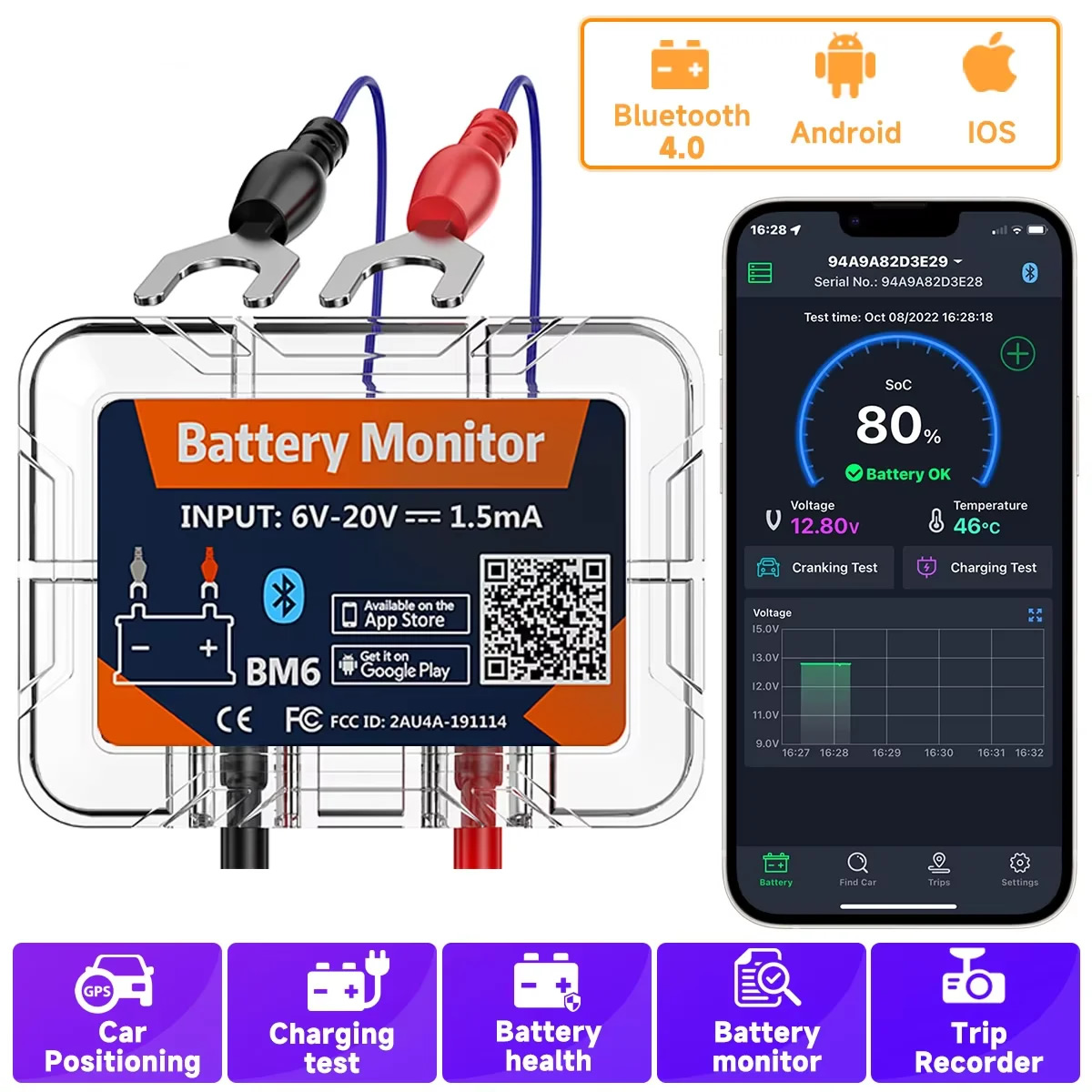 2025 BM6 12V Wireless Bluetooth Car Battery Monitor - iOS & Android APP-Enabled Health Check Tester for Automotive Professionals & Car Owners
