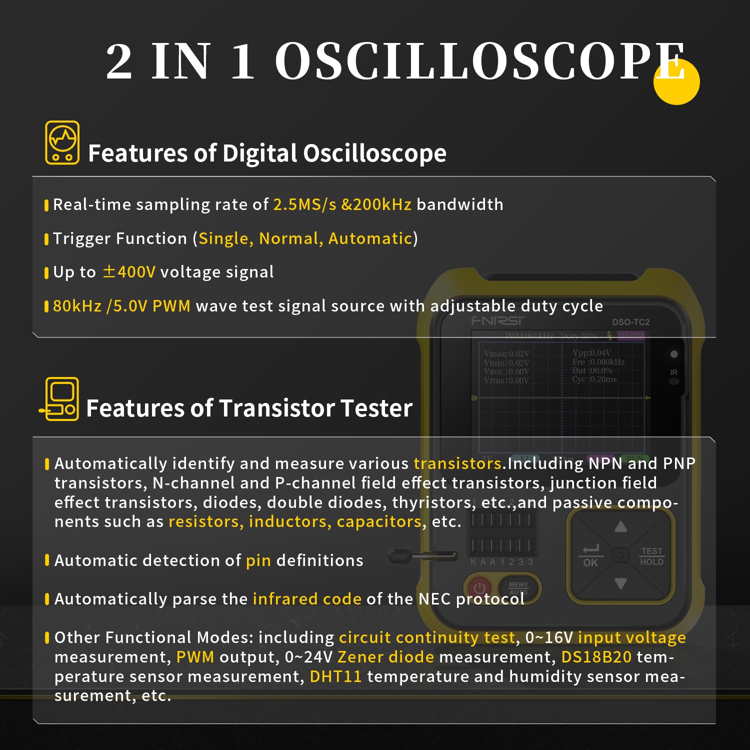 FNIRSI DSO-TC2 휴대용 디지털 오실로스코프 트랜지스터 테스터 2합일 다기능 만용계 다이오드 전압 LCR 검사 PWM 출력