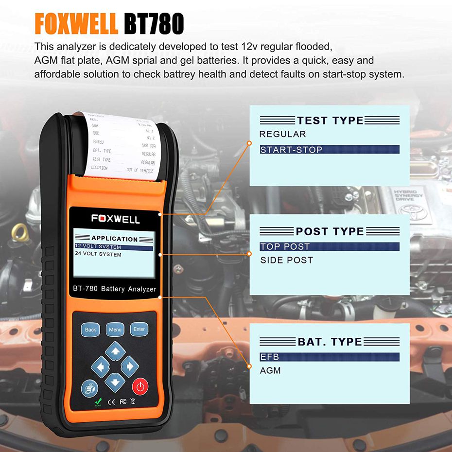 FOXWELL BT780 12V 배터리 테스터 0-1000A 자동차 AGM GEL EBP 배터리 분석기 내장 프린터 12V-24V 부팅 충전 시스템