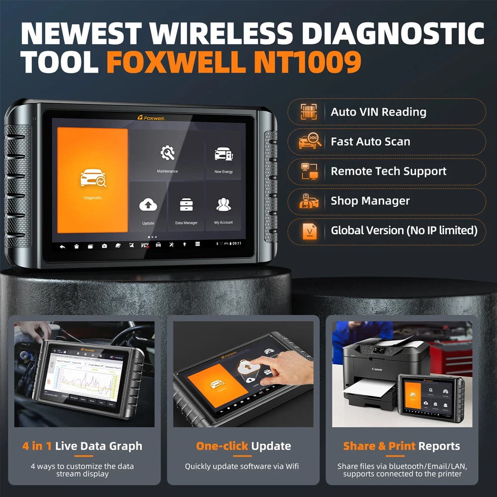 FOXWELL NT1009 OBD2 Bluetooth Car Scanner All System A/F Adjust 35 Reset Active Test ECU Coding OBD 2 Auto Diagnostic Tools
