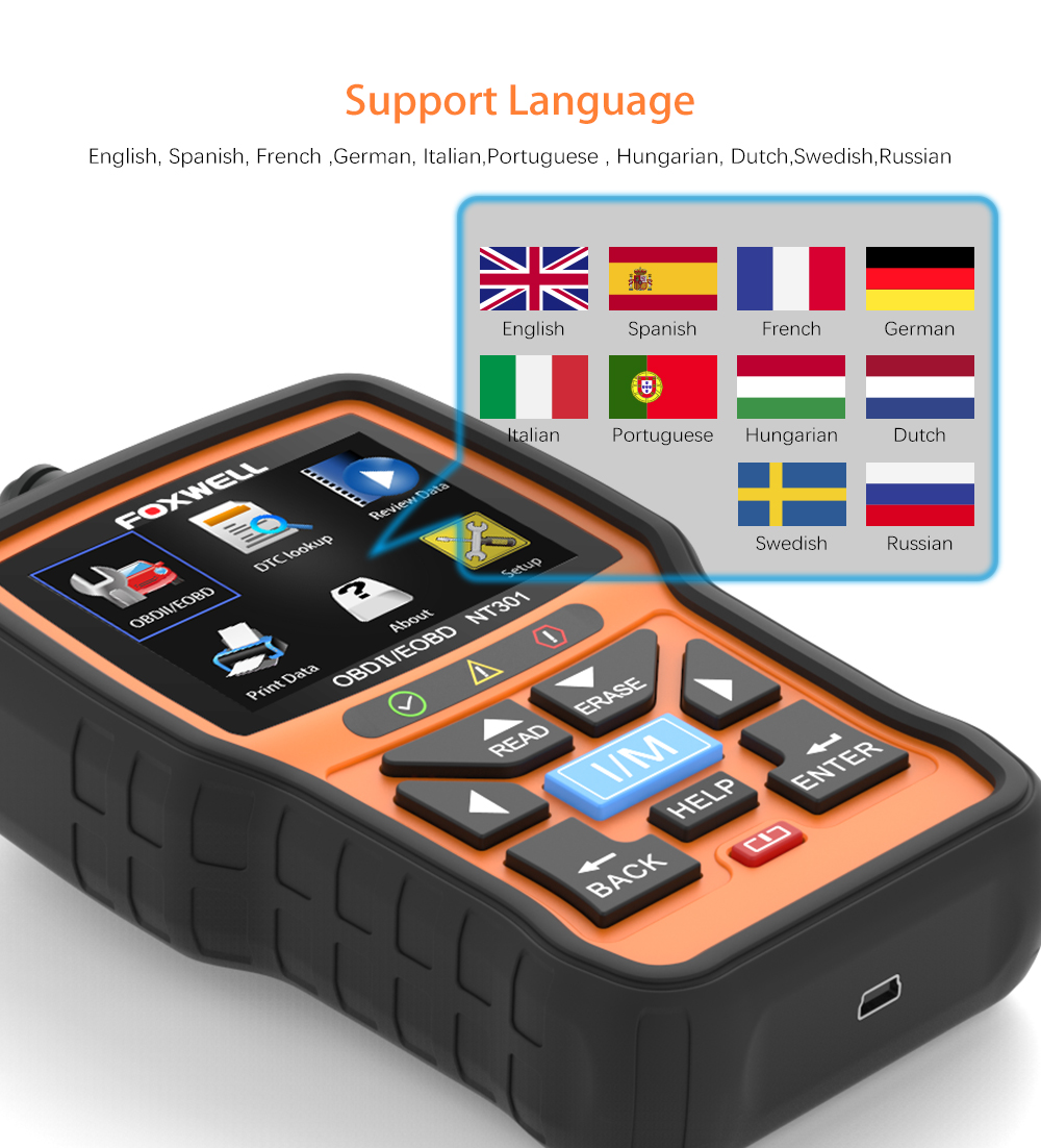 Foxwell NT301 CAN OBDII/EOBD 코드 리더기는 다양한 언어를 지원합니다.