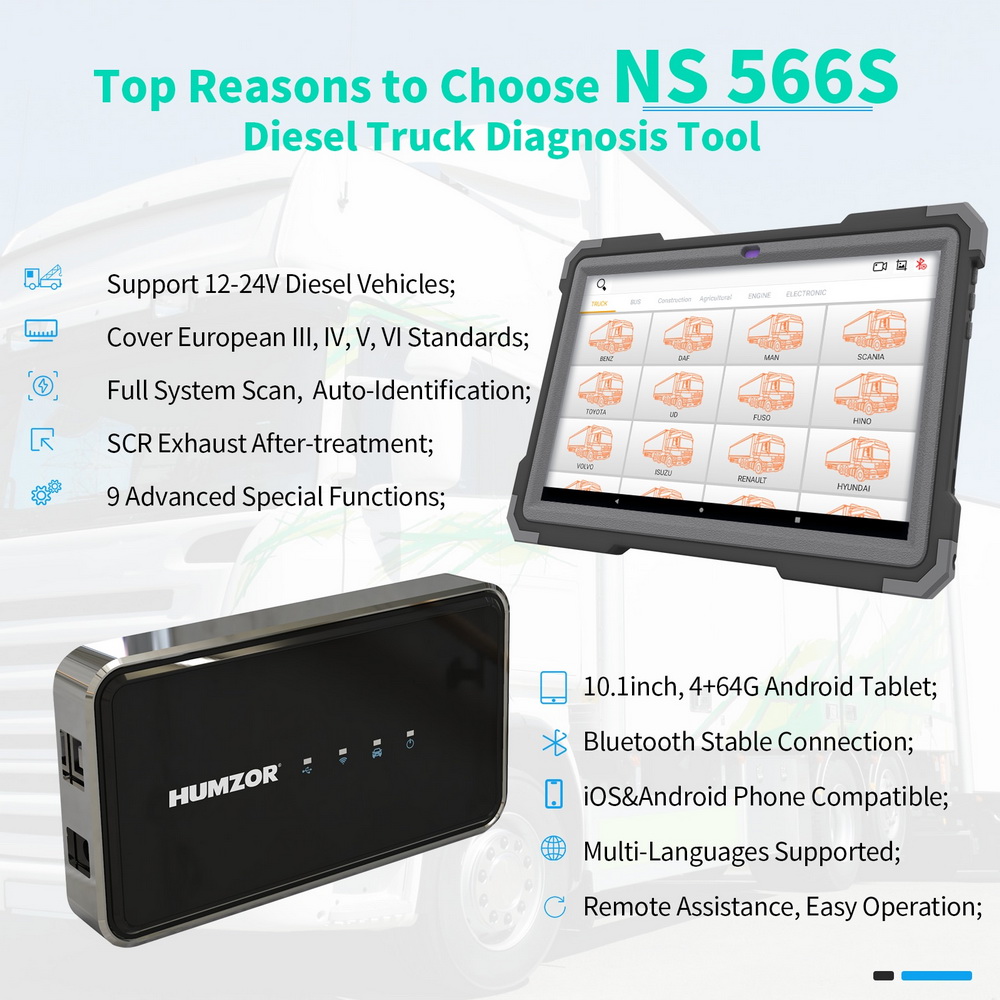 Humzor NS566S 중형 트럭 디젤 엔진 전체 시스템 진단 도구 OBD2 전문 스캐너 9 재설정 ABS/DPF/마일리지 조정