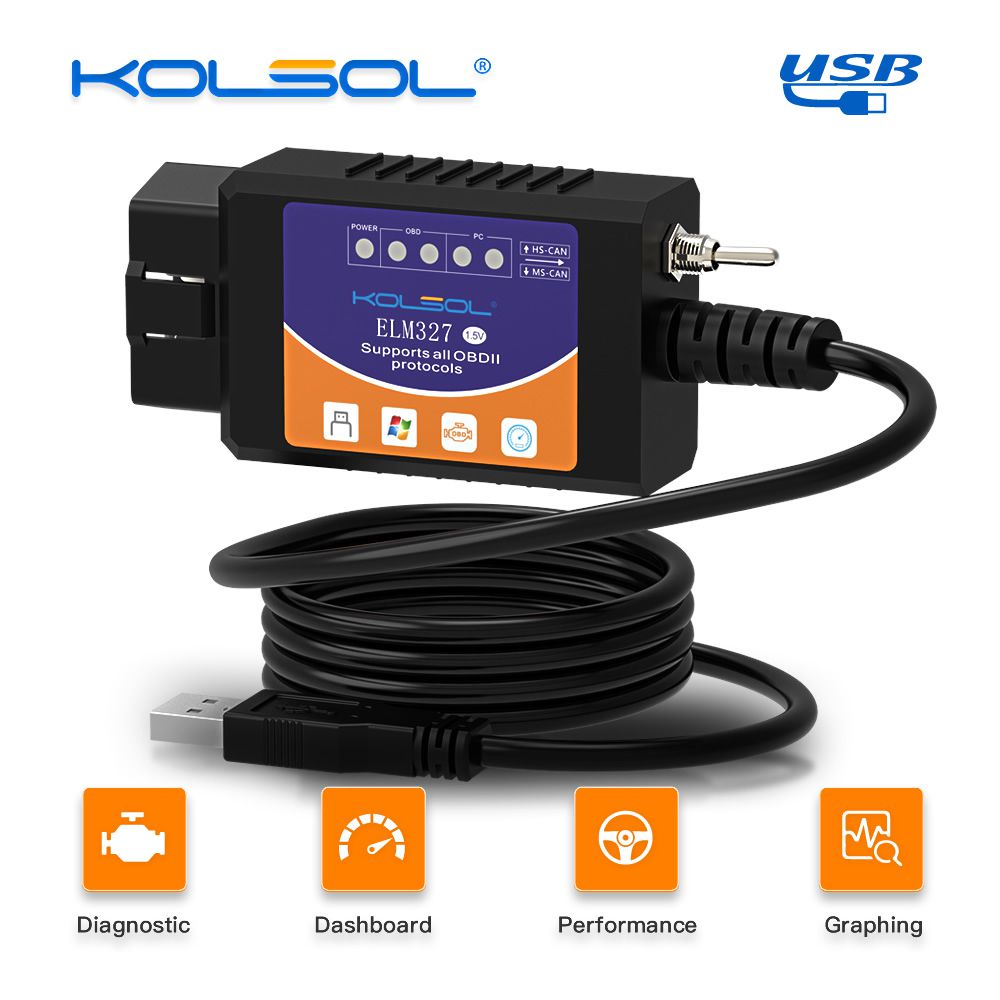 Kolsol elm327 USB v1.5, modificado conmutador para el chip Ford elmcongfig FORKAN ch340 + 25k80 HS - CAN / MS - can
