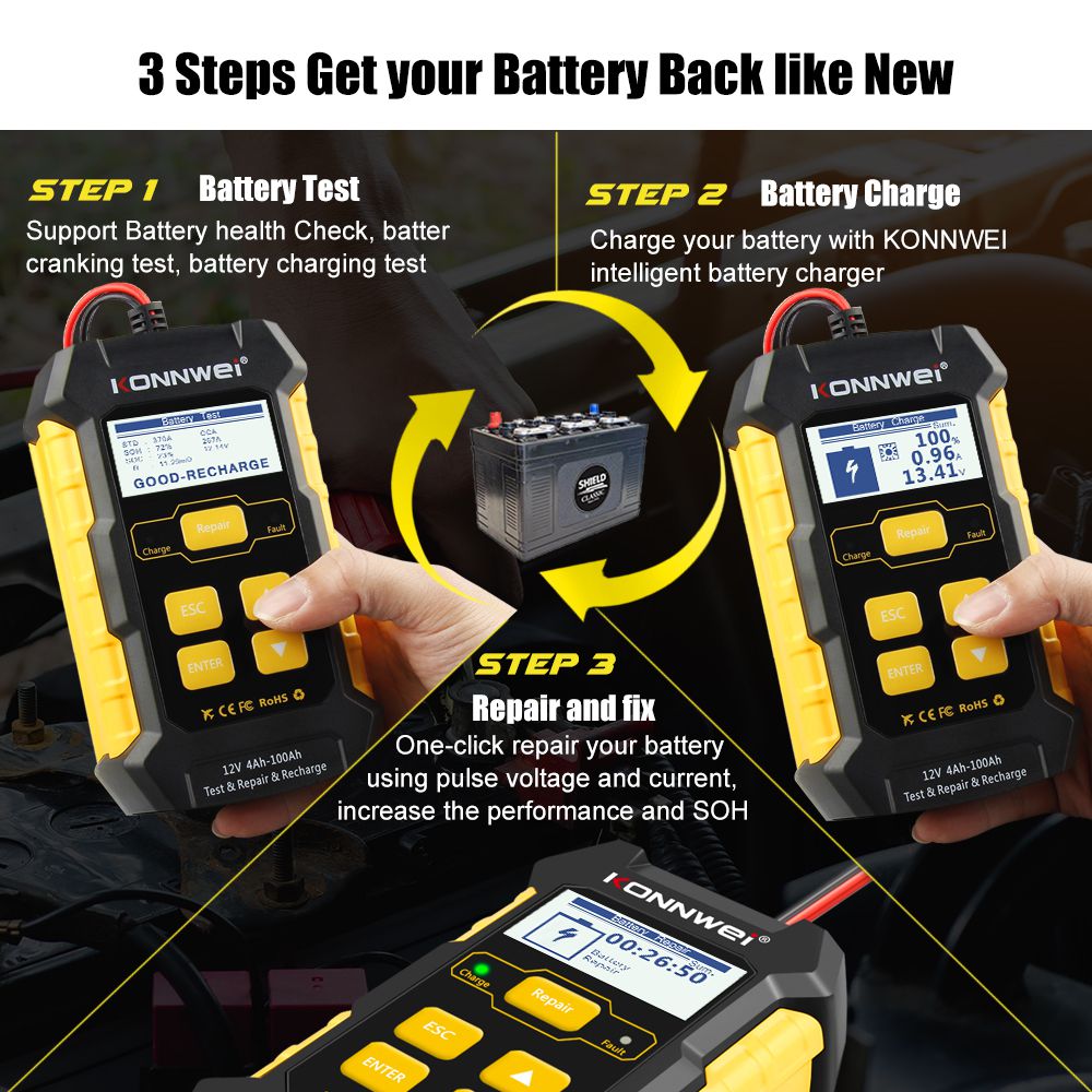 KONNWEI KW510 Full Automatic  12V Car Battery Tester Pulse Repair 5A Battery Chargers Wet Dry AGM Gel Lead Acid Car Repair Tool