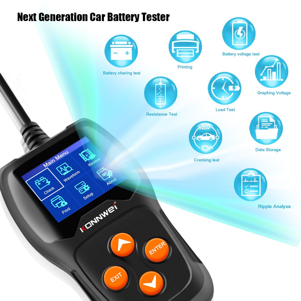 12V Load Digital Car Battery Analyzer Tester Multi Language KONNWEI KW600 X9C7 