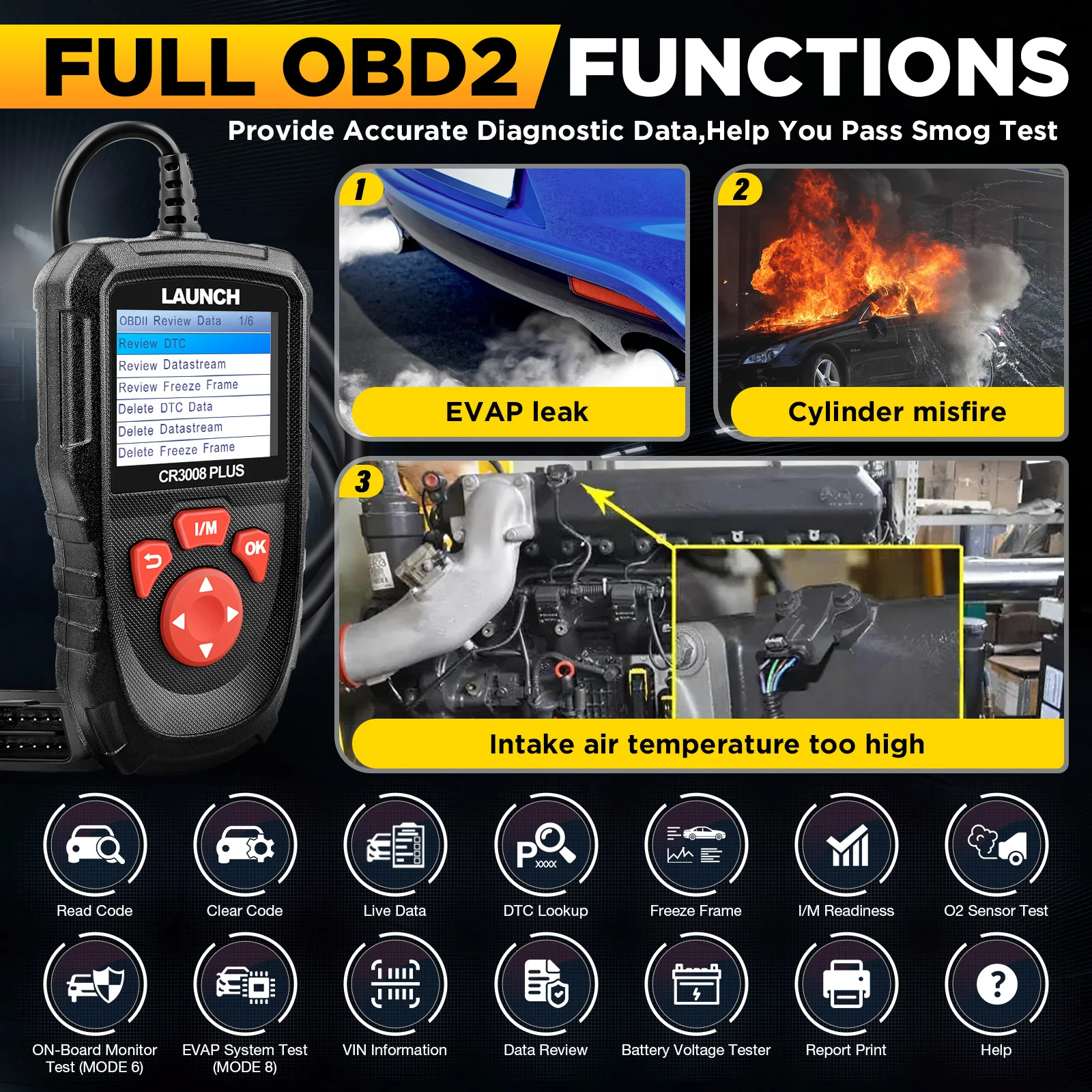 LAUNCH CR3008 Plus OBD2 Scanner Diagnostic Tool  Lifetime Update Code Reader Check Engine Code OBDII Car Scan Tool