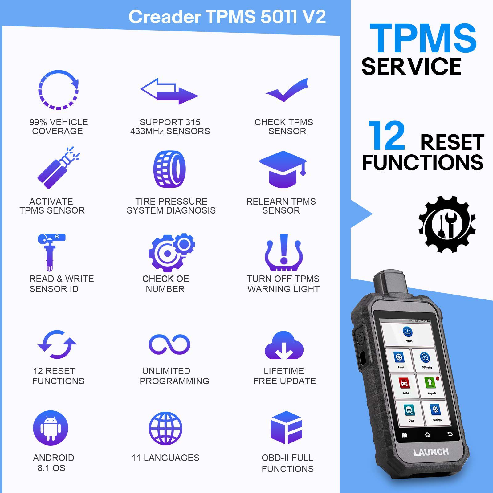 2025 LAUNCH Creader TPMS 5011 V2 TPMS Activation Diagnostic Tool WIFI Upgrade 12 Reset Functions Activate 315/433MHZ & 2.4Ghz Tire Pressure Sensors