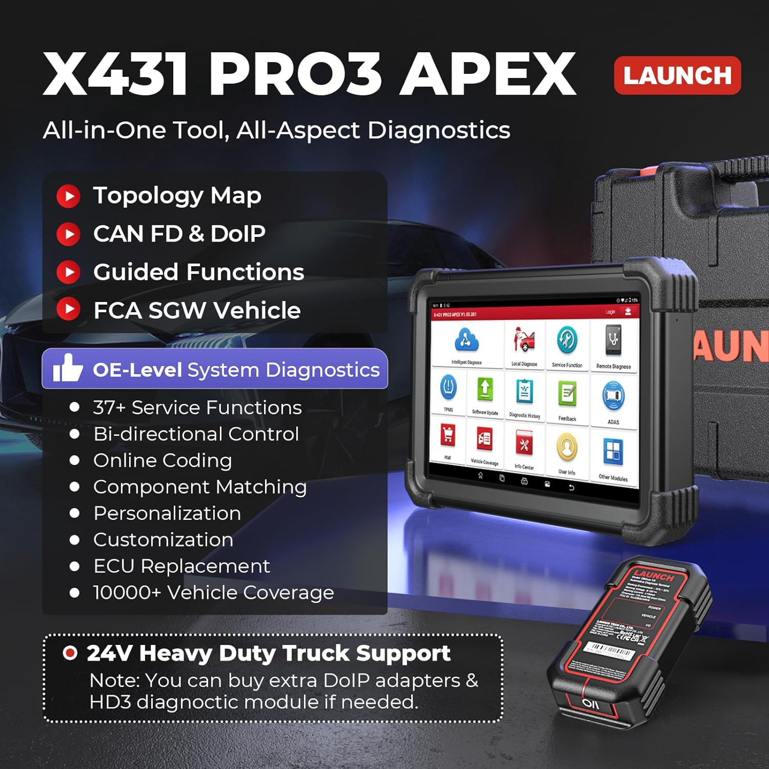 2025 출시 X431 PRO3 APEX 10inch 진단 스캐너 지원 토폴로지 지도 온라인 코딩 37+ 서비스를 가진 FD & DoIP HD 트럭 스캔을 할 수 있습니다