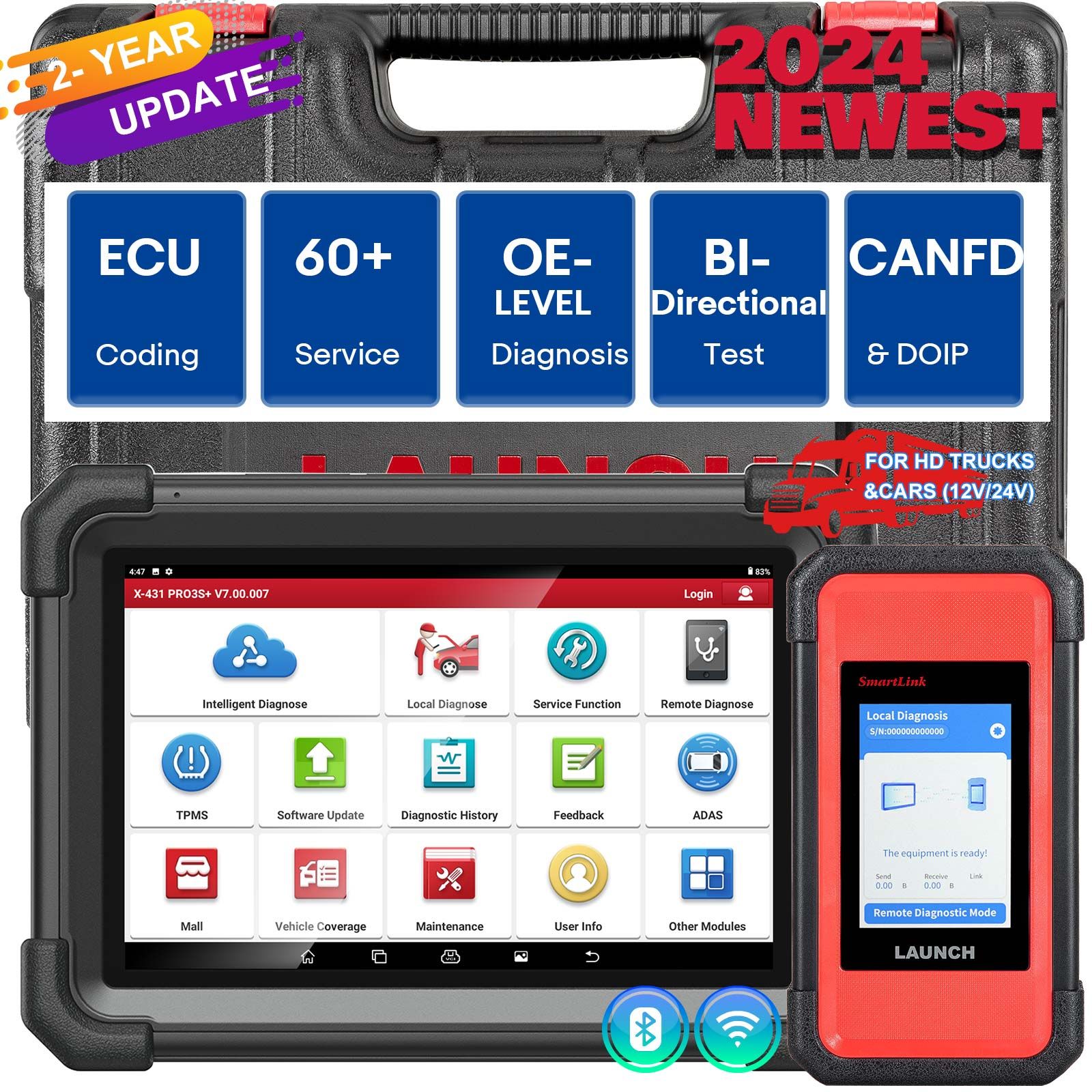 2026 LAUNCH X431 PRO3S+ SmartLink HD for 12V&24V Diesel&Gasoline Support Bi-Directional Scan Tool, ECU Coding, Support CANFD &DOIP, J2534 Programming