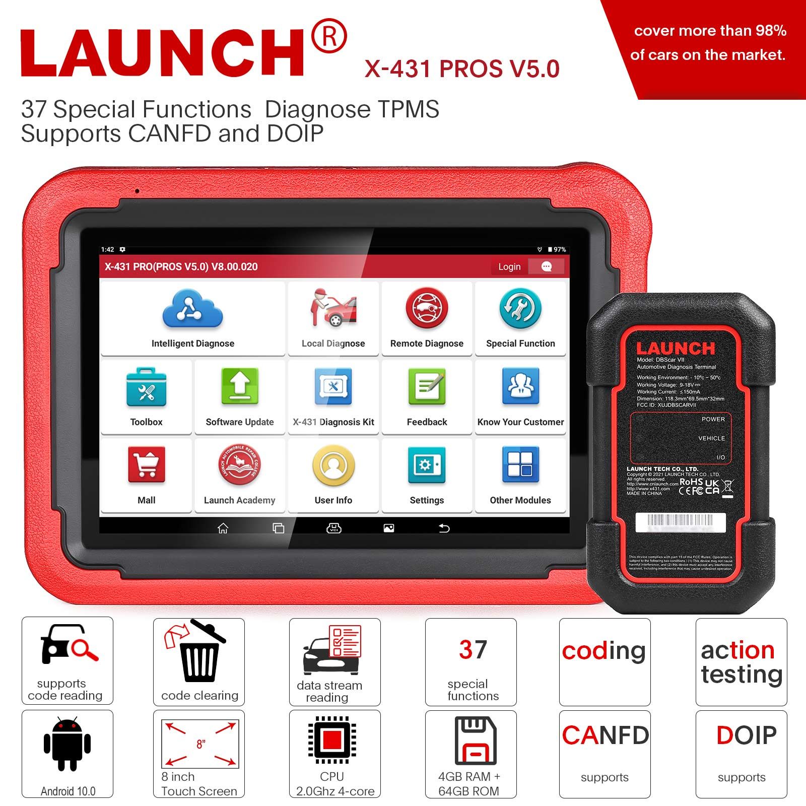  Launch X-431 PRO PROS V5.0 Diagnostic Tool 37 Special Functions Intelligent Diagnose TPMS Supports CANFD and DOIP