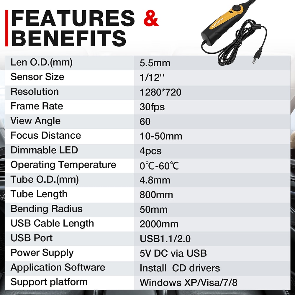 LAUNCH X431 VSP600 Camera Videoscope HD IP67 2M Cable 6 adjustable LED lights Mirco USB Type-C Borescope Video Inspection