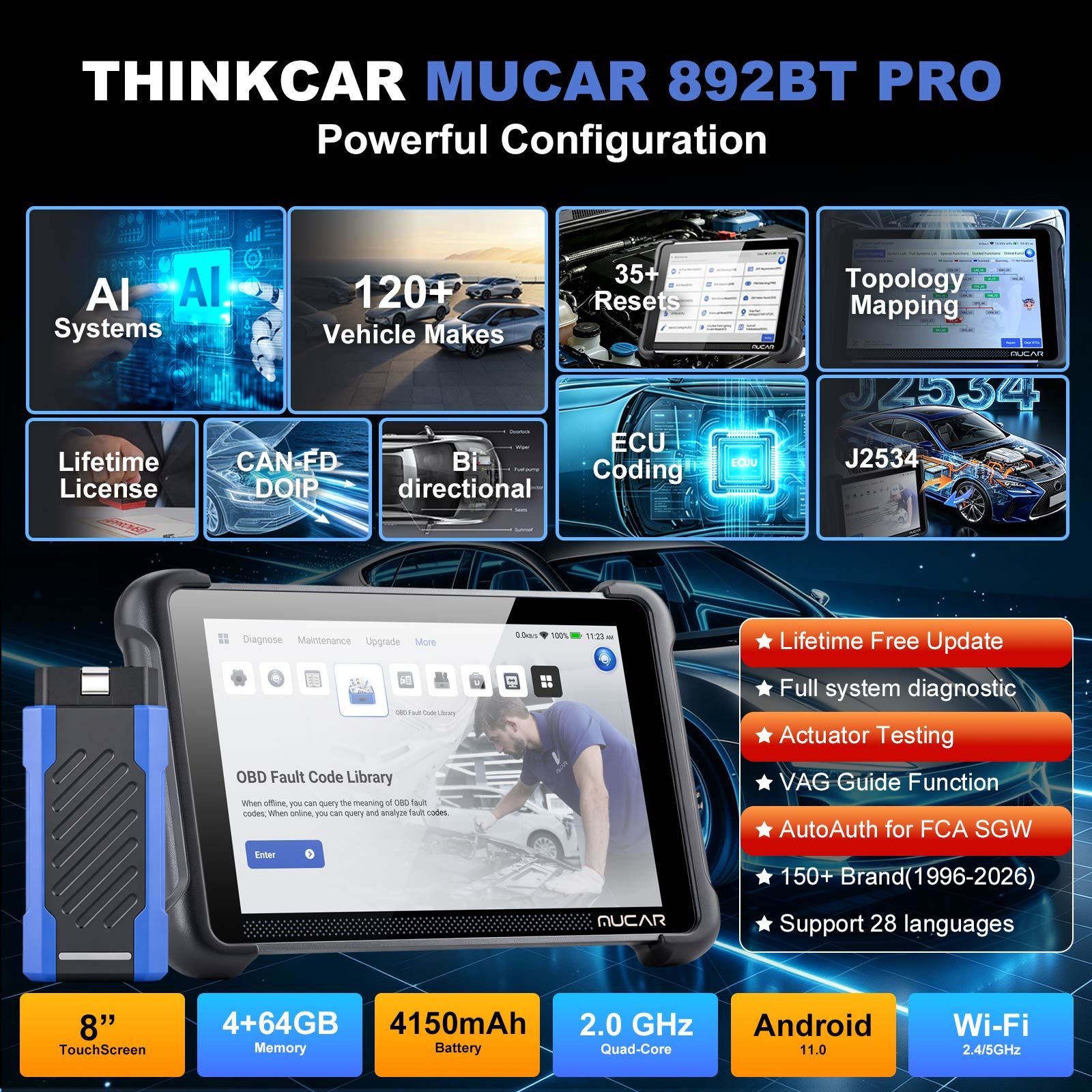 MUCAR 892BT PRO AI-Assisted Bluetooth Diagnostic Scanner Supports Topology Mapping, CANFD & DOIP & J2534, 35 Resets, ECU Coding, Upgrade of 892BT
