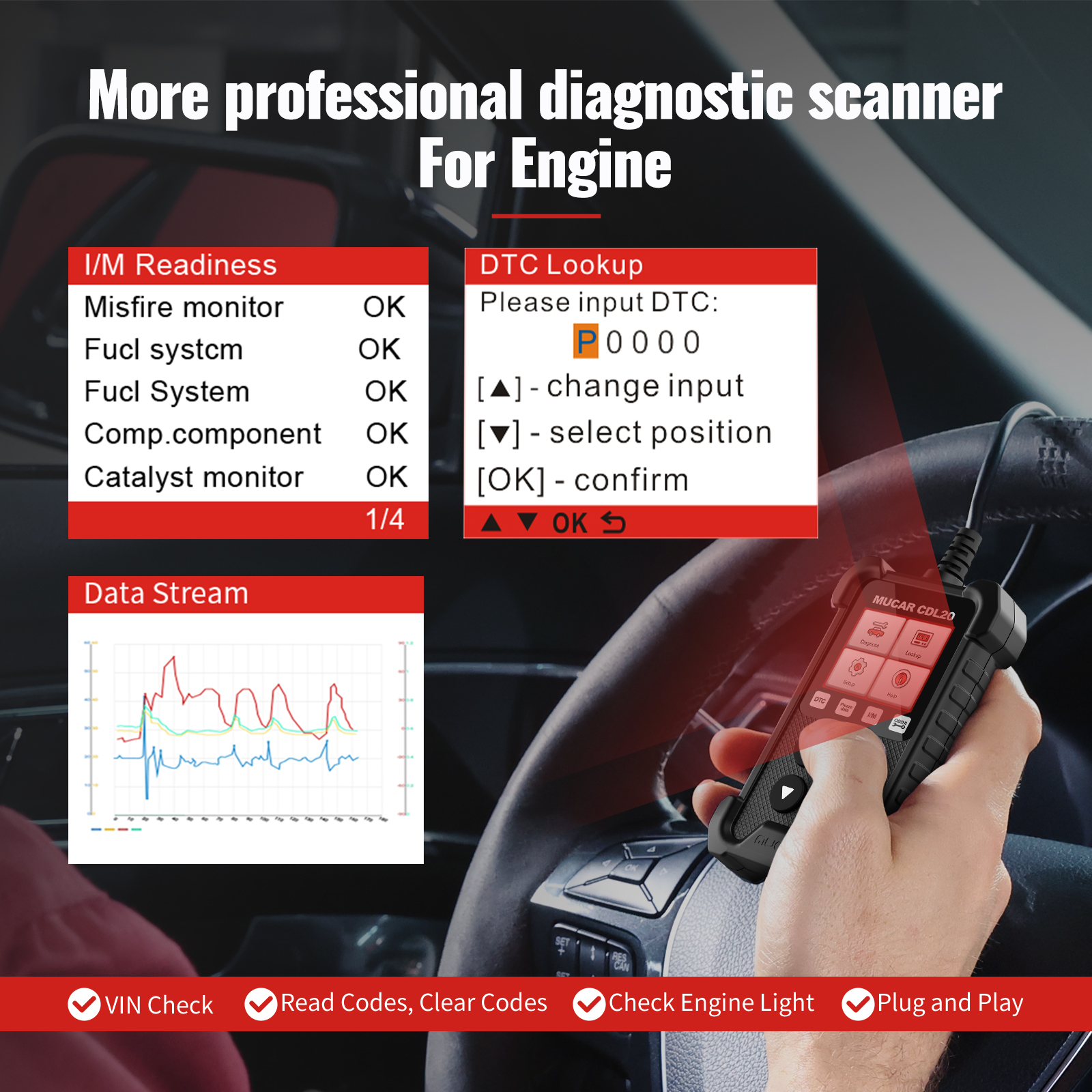 MUCAR CDL20 OBD2 Scanner Auto Engine Fault Code Reader EOBD CAN Diagnostic Scan Tool for All OBD II Protocol Cars Since 1996