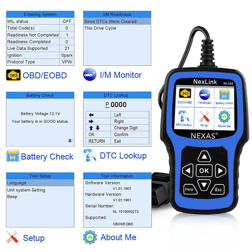 NEXAS NL101 OBD2 자동차 스캐너 엔진 EVAP 배터리 OBDII 스캐너