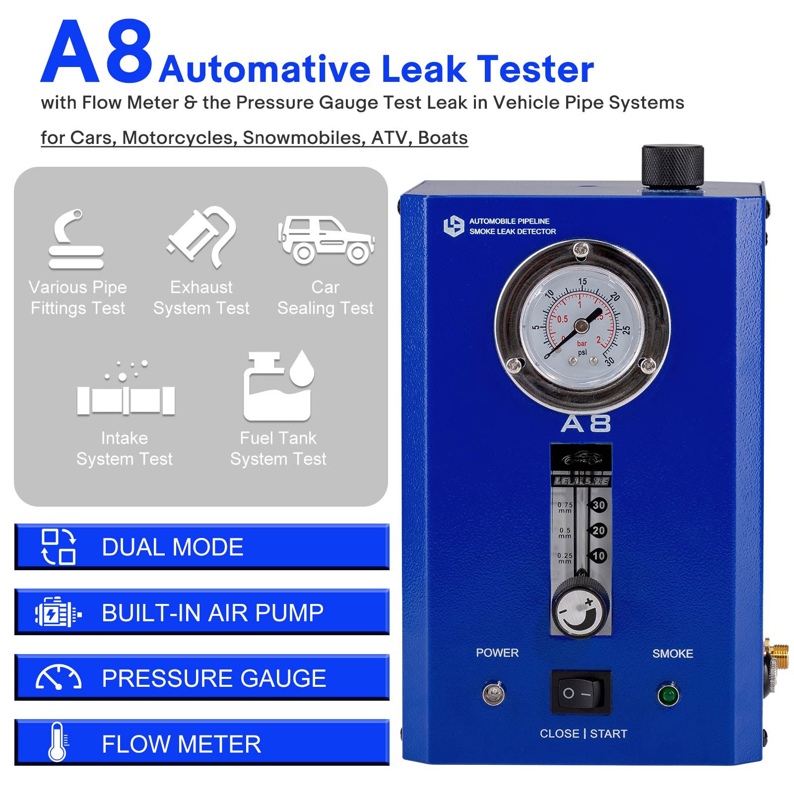OEM A8 Automative Leak Tester with Flow Meter & the Pressure Gauge Test Leak in Vehicle Pipe Systems for Cars, Motorcycles, Snowmobiles, ATV, Boats