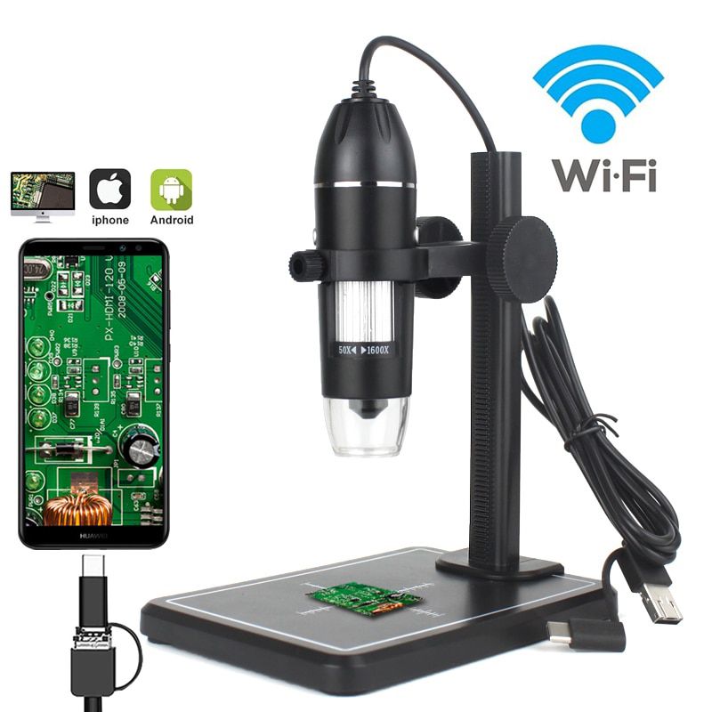 WiFi Microscope Jewelry Appraisal 1600X 2MP HD USB Handheld Wireless WiFi Electronic Microscope Compatible with Windows/Android/iOS Devices Used for Industrial PCB Checking 