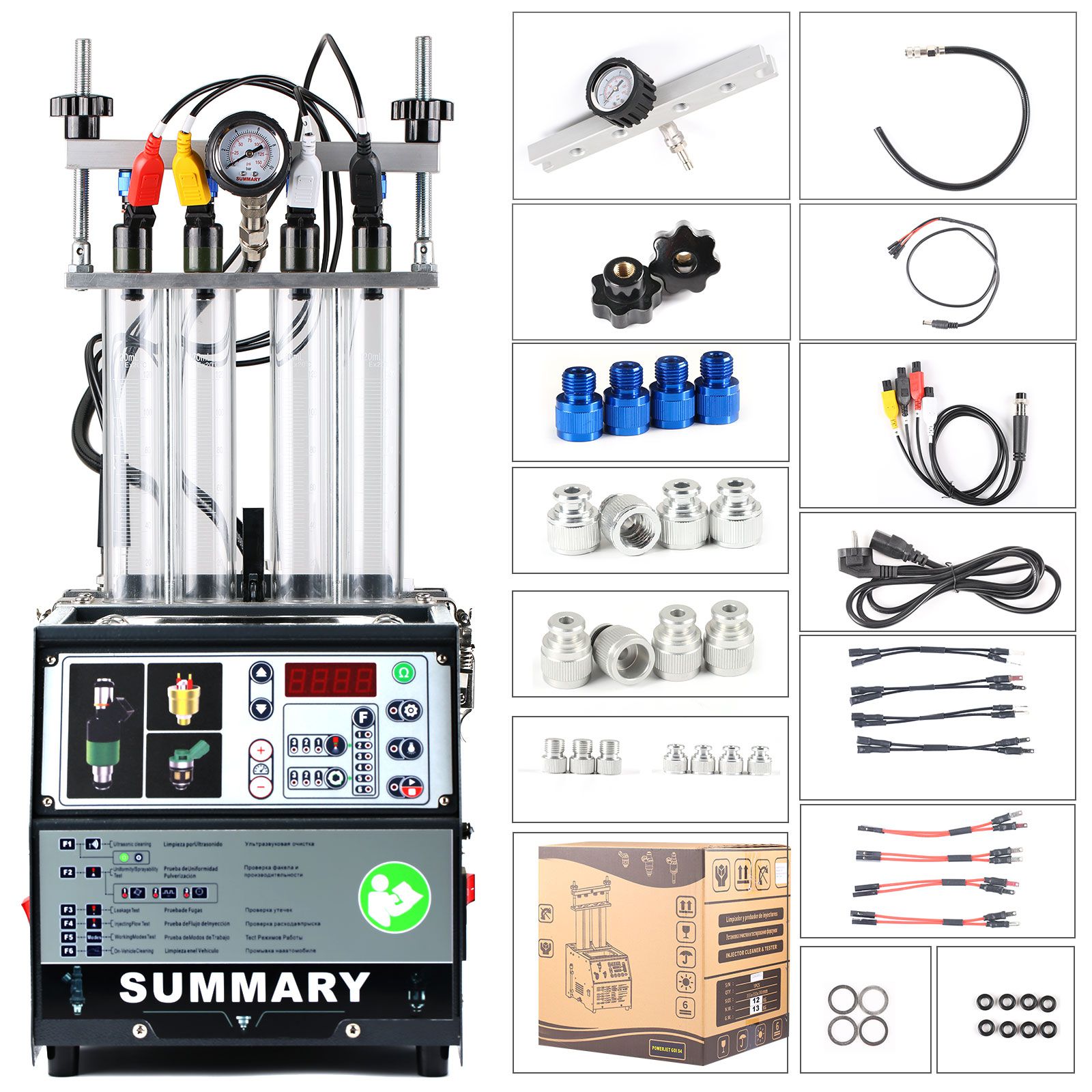Summary PowerJet Pro 240 Injector Cleaner & Tester Machine Kit Support for 110V/220V Petrol Vehicles Motorcycle