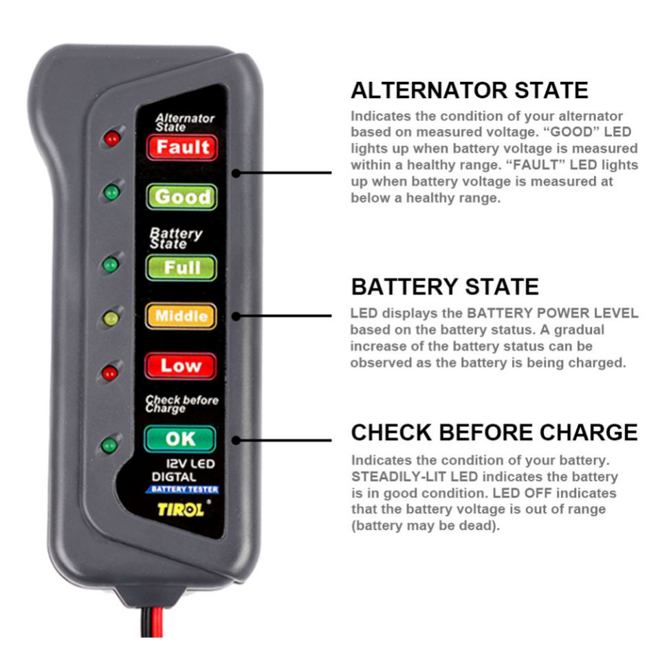 Tirol t16897 probador de batería digital LED / alternador de 12v