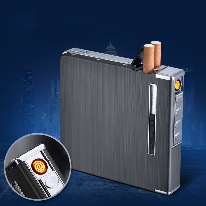 Caja de cigarrillos de metal de inyección automática de aluminio delgado con encendedor de energía eólica de carga USB