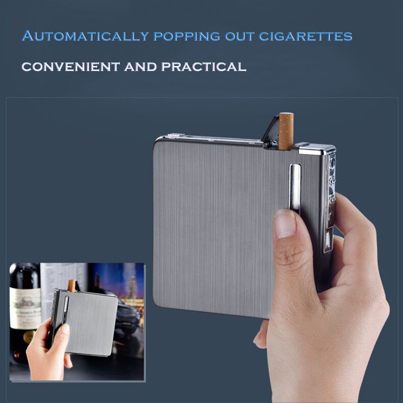 Caja de cigarrillos de metal de inyección automática de aluminio delgado con encendedor de energía eólica de carga USB