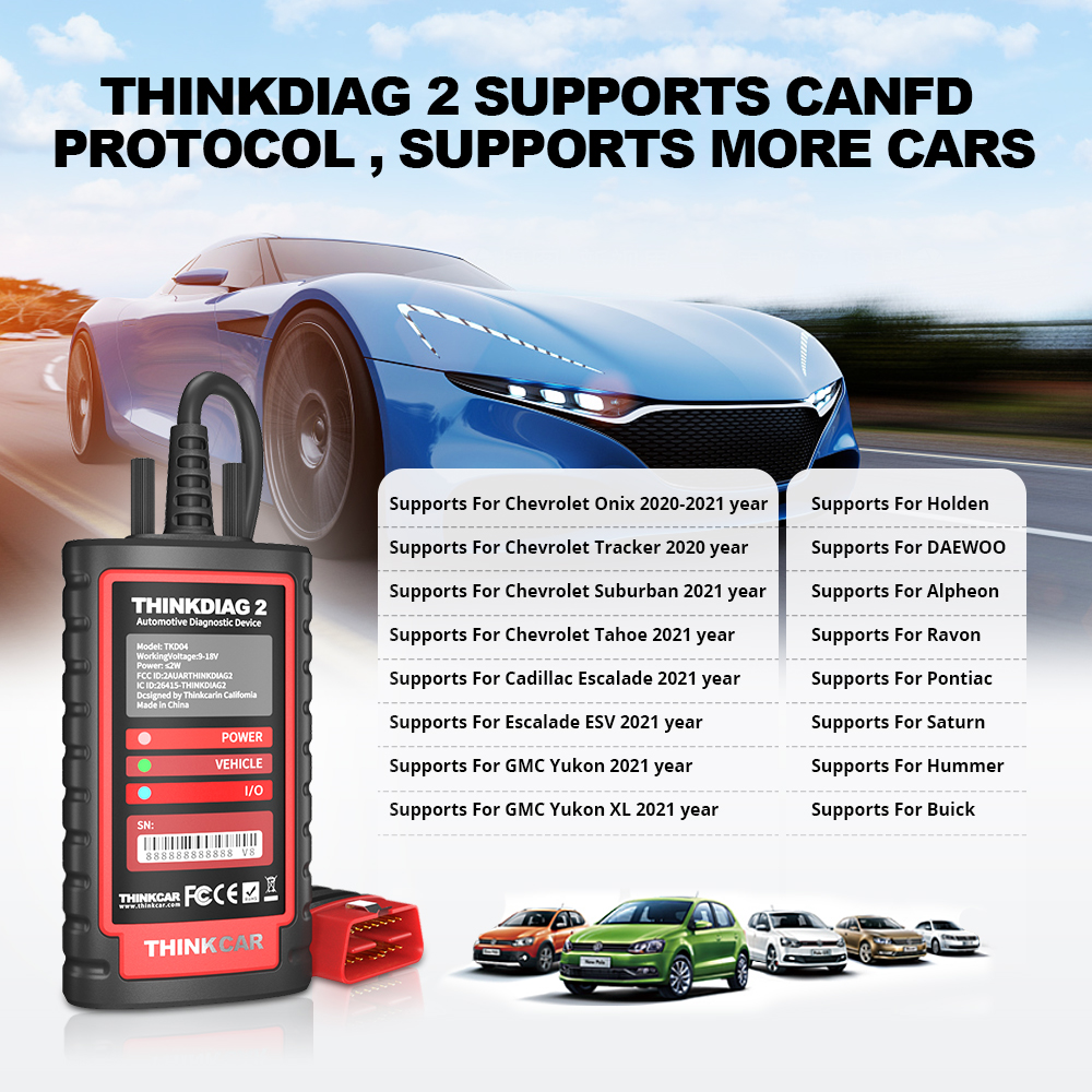 THINKCAR Thinkdiag 2 지원 CAN FD 프로토콜 OBD2 스캐너 범용 자동차 브랜드용 무료 전체 소프트웨어 16 재설정 기능 ECU 코드