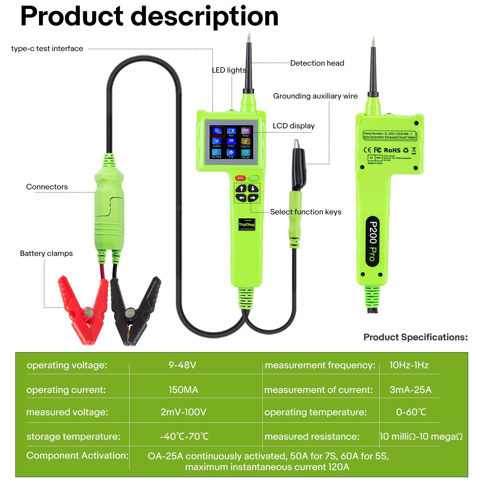 TOPDIAG P200 Pro P200Pro New Generation of Intelligent Circuit Detectors for all 9V-48V for Car Truck Boat