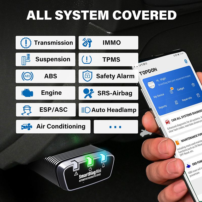 Topdon SmartDiag Mini OBD2 Bluetooth 스캐너 자동차 OBD2 자동차 진단 도구 TPMS SRS Immo 키 리더기 PK Thinkcar Autel