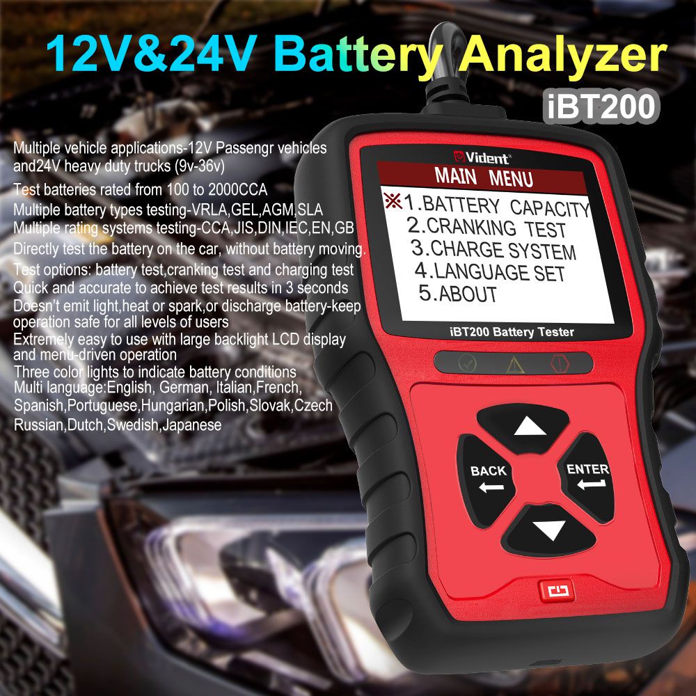  VIDENT iBT200 9V-36V Battery Tester for 12V Passenger Cars and 24V Heavy Duty Trucks 100 to 2000CCA Car Battery Analyzer