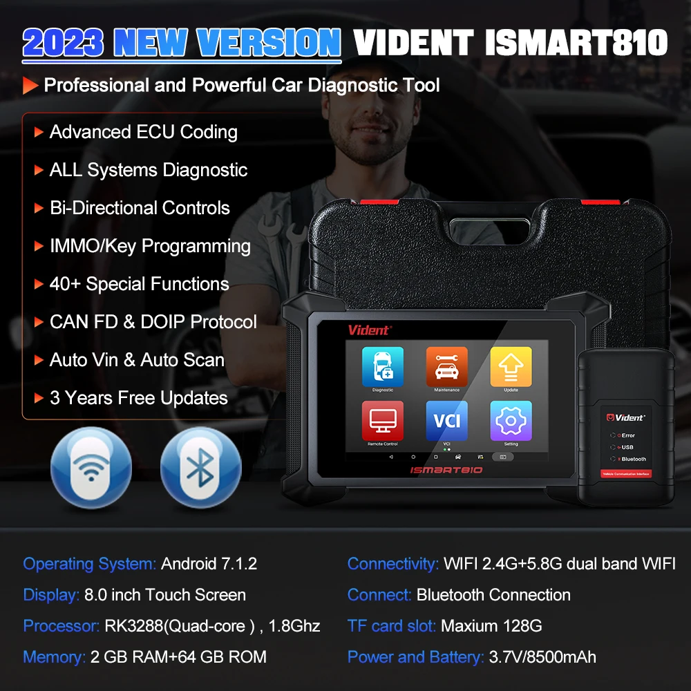 VIDENT iSmart810 OBD2 Scanner Auto Car Diagnostic Tools ECU Coding Key Programming Bi-Directional Control