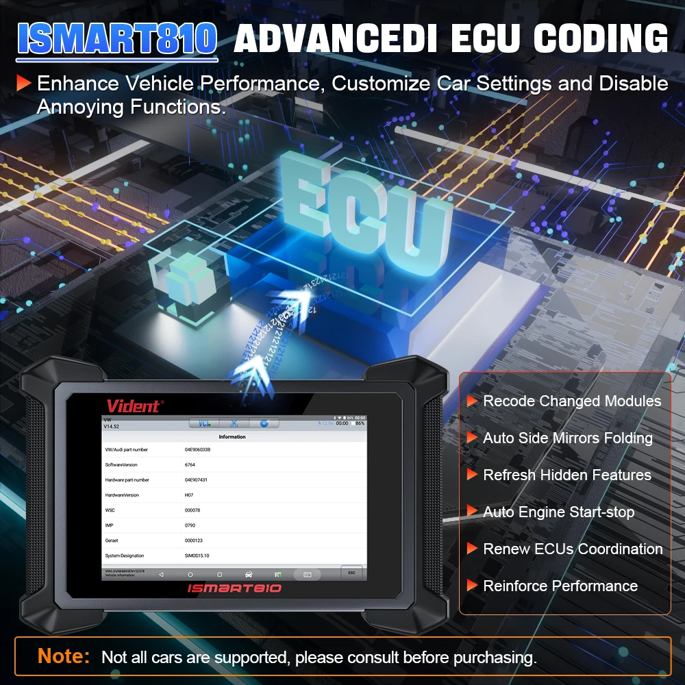 VIDENT iSmart810 OBD2 Scanner Auto Car Diagnostic Tools ECU Coding Key Programming Bi-Directional Control